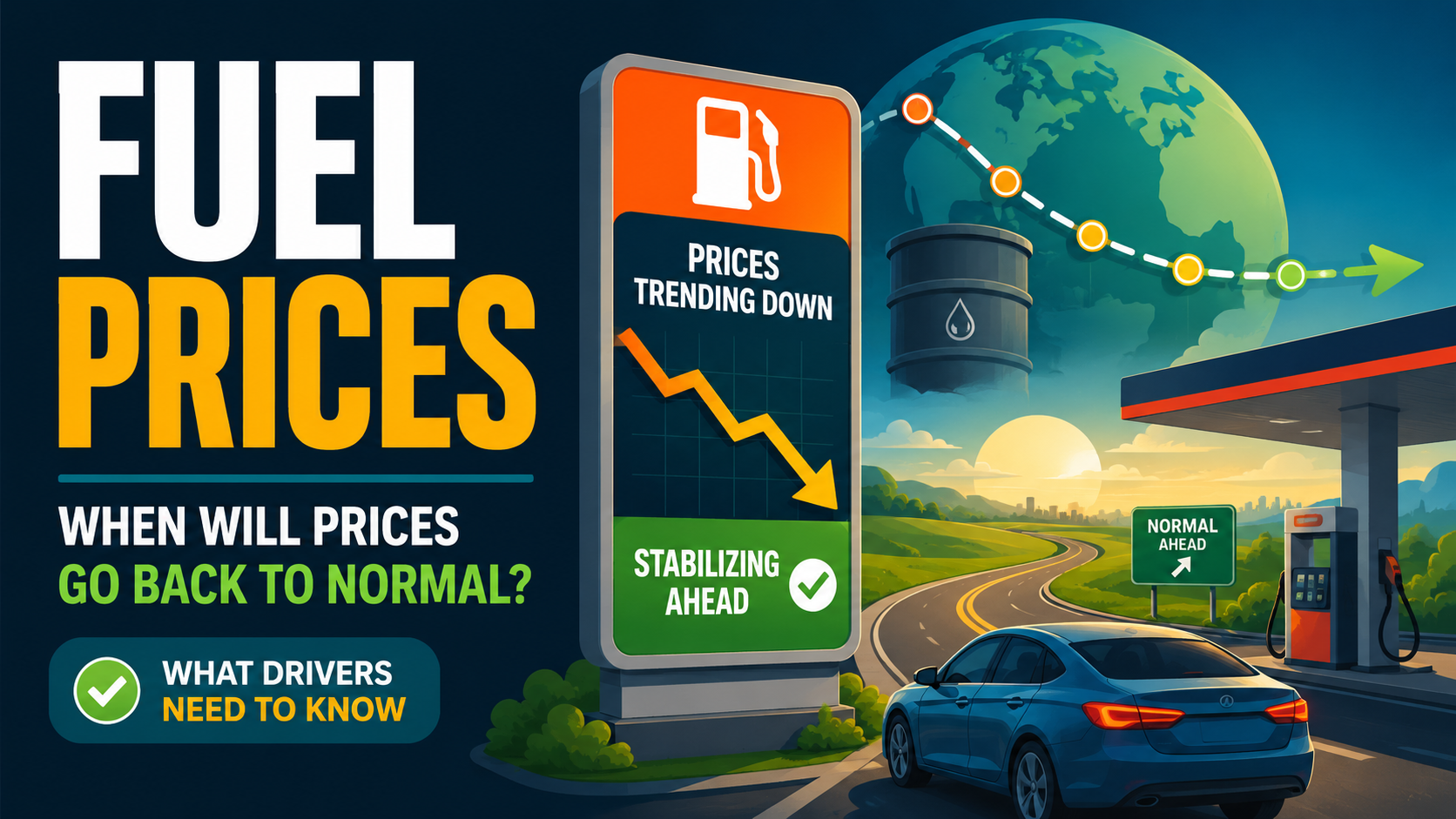 Illustration of fuel prices, petrol pump, oil barrel, car dashboard and market chart showing drivers waiting for prices to fall